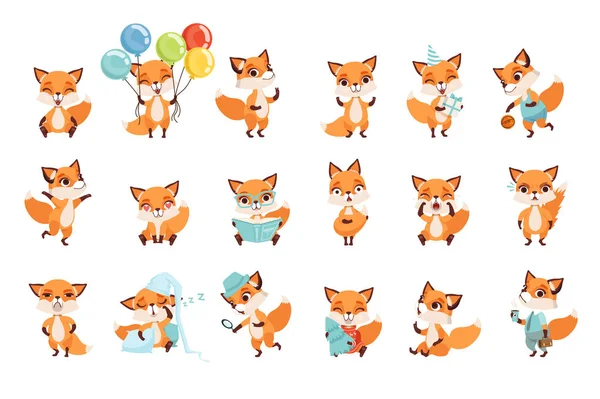 Pequenas raposas bonitos mostrando várias emoções e ações. Personagens de desenhos animados de animais da floresta. Design vetorial plano para aplicativo móvel, adesivo, impressão infantil, cartão de saudação — Vetor de Stock
