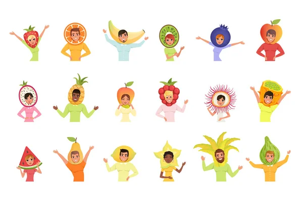 Set of men and women in different fruit hats. Strawberry, orange, banana, pitaya, pineapple, mango, watermelon, pear and lemon. Cartoon people. Flat vector design — Stock Vector