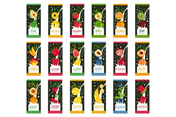 Labels voor fruits melk. 9 verschillende smaken apple, oranje, kiwi, pruimen, granaatappel, perzik, banaan, bosbes en watermeloen. Platte vectorproduct pakketontwerp — Stockvector