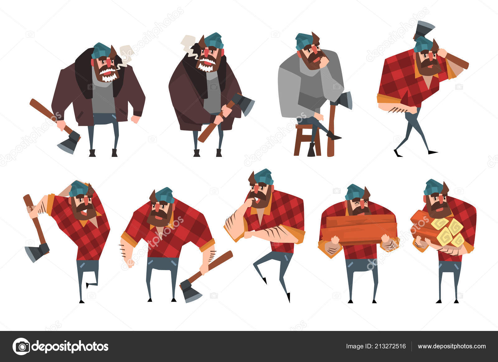 Cartoon Set Of Lumberjack In Different Actions Woodcutter With Axe Strong Bearded Man In Hipster Plaid Shirt Jeans Sweater Jacket Hat Flat Vector Design Stock Vector C Topvectors