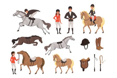At Binme için profesyonel ekipman ile karikatür jokey Icons set. Kadın ve kask ile özel Üniformalı erkeklere. Atlı spor kavram. Düz vektör tasarımı