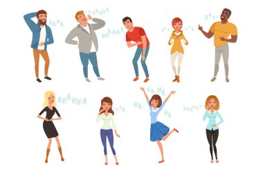 Colorful icon set with loudly laughing people at funny joke. Cartoon men and women characters in casual clothes. Hahaha text. Full-length portraits. Flat vector design clipart