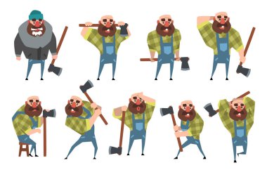 Farklı teşkil etmektedir komik kel oduncu kümesi. Sakallı adam baltayla karikatür. Oduncu mavi tulumlu, hipster ekose gömlek, sıcak ceket, şapka. Düz vektör tasarımı