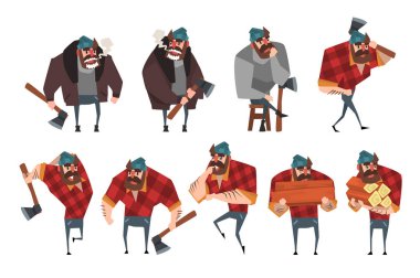Oduncu farklı eylemleri dizi karikatür. Oduncu balta ile. Güçlü hipster ekose gömlek, kot pantolon, kazak, ceket, şapka adam sakallı. Düz vektör tasarımı