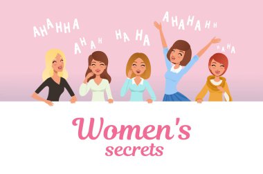 Young pretty girls loudly laughing. Women s secrets concept. Cartoon female characters with smiling facial expressions. Emotional people. Flat vector design clipart
