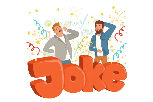 Two adult men loudly laughing after hearing funny joke. Colorful confetti flying in the air. Hahaha text. Cartoon people characters in casual clothes. Flat vector design — Stock Vector