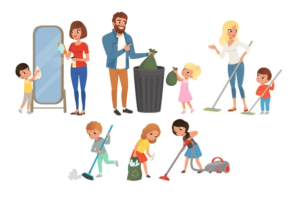 Barn hjälper sina föräldrar med hushållsarbete. Svepande, dammsugning, tvätt golvet, kasta ut sopor, rengöring spegel. Tecknad barn tecken. Flat vektor design — Stock vektor