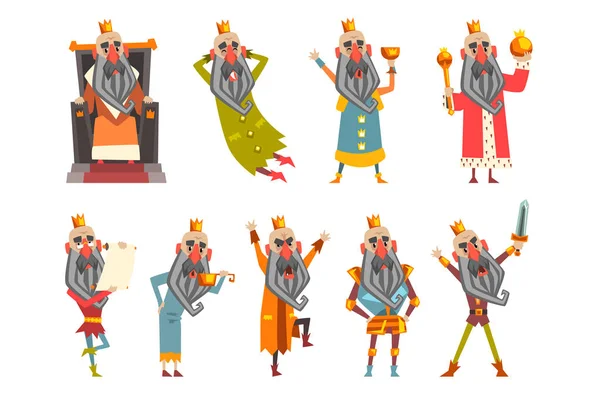 Set di re divertente in vari vestiti. Personaggio dei cartoni animati di vecchio barbuto indossa corona d'oro. Sovrano del regno. Design vettoriale piatto per cartolina o libro per bambini — Vettoriale Stock