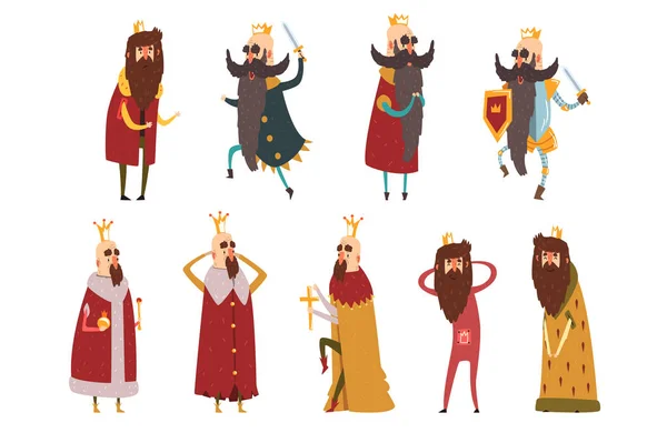 Set di diversi re barbuti divertenti in diverse azioni. Vecchi che indossano corone d'oro, mantelli e armature. Sovrani dei regni. Personaggi dei cartoni animati. Design vettoriale piatto — Vettoriale Stock