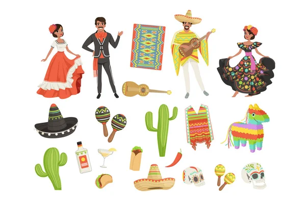 Conjunto de símbolos culturales México. Sombrero, cactus, poncho, maracas, taco, piñata, guitarra, cráneo. Hombre y mujer hispanos con trajes tradicionales. Diseño de vector plano — Archivo Imágenes Vectoriales