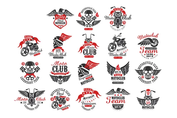 Set di loghi moto club vintage, emblemi, etichette, distintivi. Elementi monocromatici con moto, teschio, aquila e ruota con ala. Vettore per t-shirt stampa o poster — Vettoriale Stock