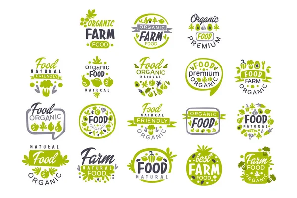 Mão criativa desenhado design cinza e verde de conjunto de logotipo de comida orgânica. Produtos agrícolas frescos. Etiquetas para loja ou mercado. Colecção vetorial — Vetor de Stock