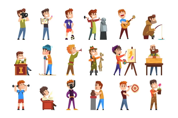 Young teenagers hobby set. Cartoon kids characters. Collecting stamps, football, chess, photography, sports, diving, playing trumpet, poetry. Flat vector — Stock Vector