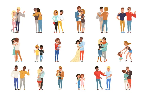 Atur dengan memeluk orang. Teman, pacar, saudara, ibu dan anak-anak, pasangan jatuh cinta. Karakter kartun dengan wajah bahagia. Desain vektor datar - Stok Vektor