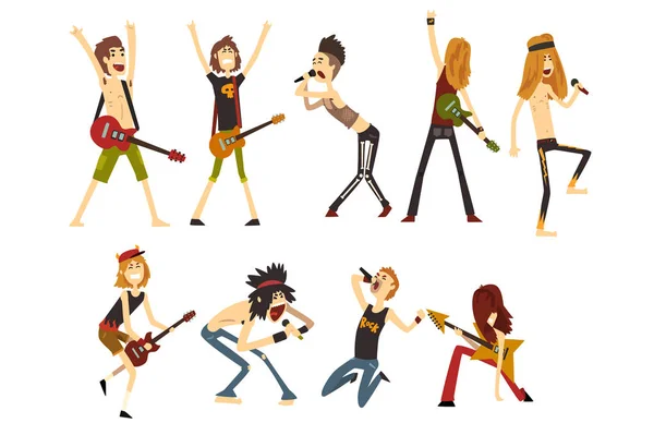 Personagens de artistas de rock. Jovens músicos com guitarras elétricas e microfones. Desenhos animados em poses diferentes. Banda musical. Projeto vetorial plano — Vetor de Stock