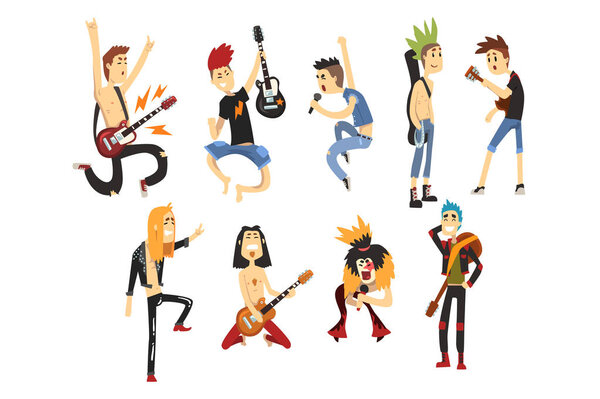 Cartoon rock artists characters singing and playing on musical instruments. Guys with colorful haircuts. Guitarists and singers. Music band. Flat vector set