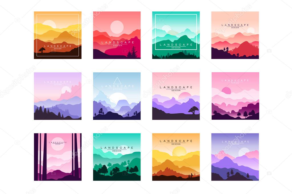 Set of minimalistic flat original landscapes design with mountains, hills, forest. Vector collection of nature backgrounds with gradients.