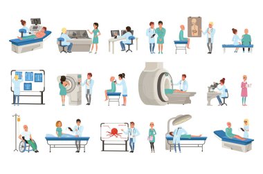 Tanı ve kanser tedavisinde ayarla, doktorlar, hastalar ve Onkoloji tıp vektör çizimler için donatım