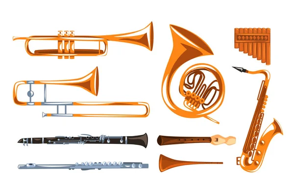 Wind muziekinstrumenten set, saxofoon, klarinet, trompet, trombone, tuba, pan fluit vector illustraties i op een witte achtergrond — Stockvector