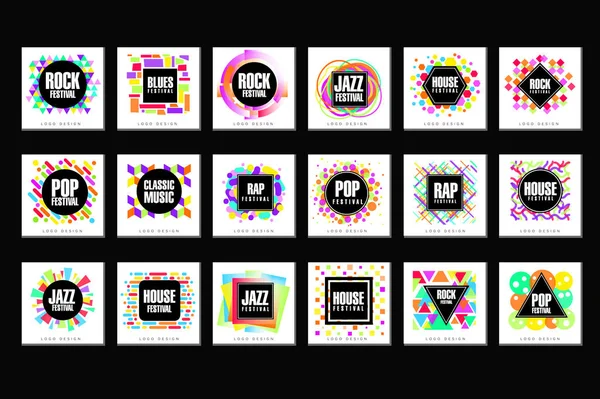 Music Festival logo set, classic, house, pop, rap, jazz music design element vector Ilustraciones — Vector de stock