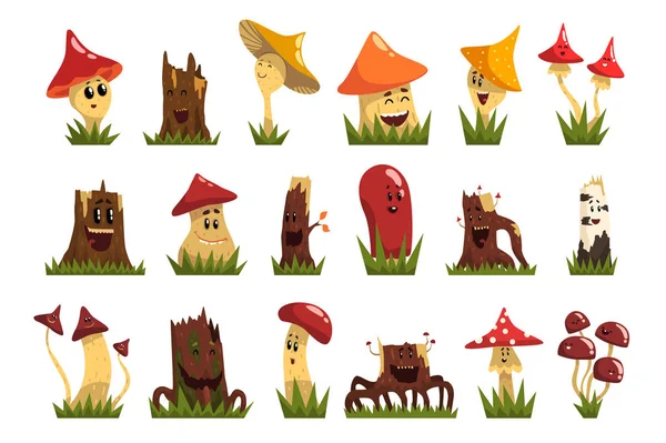 Смішні гриби набір персонажів, милі гуманізовані лісові гриби та марки з усміхненими гранями Векторні ілюстрації — стоковий вектор