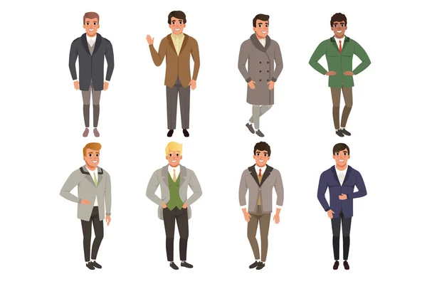 Jongemannen dragen vintage kleding set, vector retro mode mensen uit 50s en 60s illustraties — Stockvector