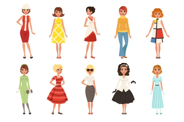 Mladé ženy nosí retro oblečení set, vintage módní lidí od 50s a 60s vektorové ilustrace — Stockový vektor