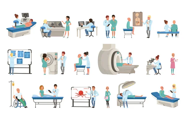 Διαγνωστικά και θεραπεία του καρκίνου, που, γιατροί, ασθενείς και εξοπλισμό για Ογκολογίας ιατρικής διανυσματικά εικονογραφήσεις — Διανυσματικό Αρχείο
