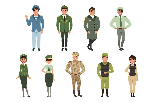 Conjunto de uniformes militares, oficial del ejército militar, comandante, soldado, piloto, soldado, capitán de marina vector ilustraciones sobre fondo blanco — Archivo Imágenes Vectoriales