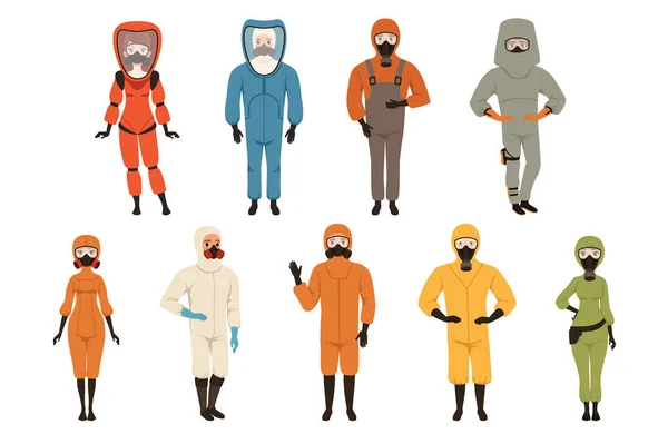 Conjunto de trajes de protección, diferentes vectores de equipos uniformes de protección Ilustraciones aisladas sobre un fondo blanco — Vector de stock