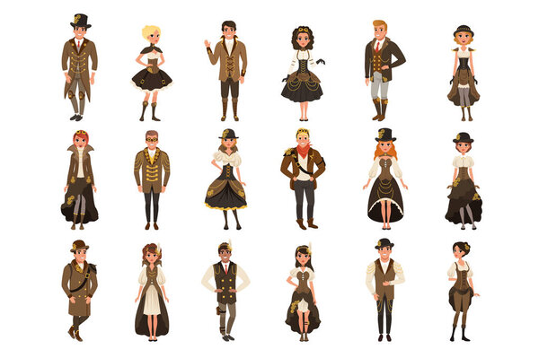 People dressed in historic clothes, man and woman wearing brown fantasy costume set vector Illustrations on a white background