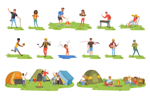 Camper persone impostato, turisti in viaggio, campeggio e rilassante vettoriale Illustrazioni — Vettoriale Stock