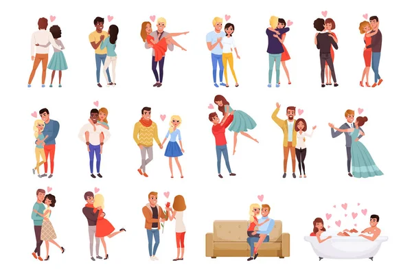 Jonge mannen en vrouwen tekens in liefde knuffelen ingesteld, gelukkig romantische liefdevolle paren cartoon vector illustraties — Stockvector