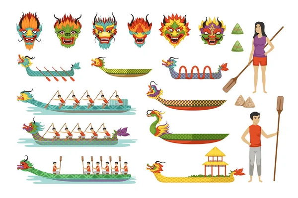 Dragon boats set, team of male athletes compete at Dragon Boat Festival vector Illustrations — Stock Vector