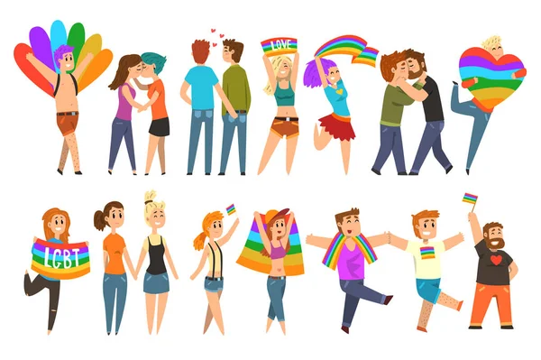 Comunità Lgbt celebrando gay orgoglio, amore parata vettore cartone animato illustrazioni su uno sfondo bianco — Vettoriale Stock