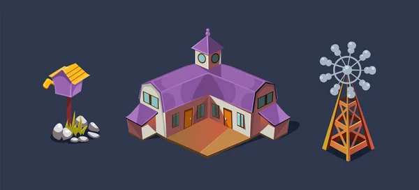 Villaggio fattoria e mulino a vento, interfaccia utente del gioco mobile elemento GUI per videogiochi vettoriale Illustrazione — Vettoriale Stock