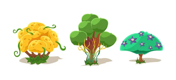 Arbres et plantes fantastiques, éléments de paysage de nature pour mobile ou vecteur de jeux informatiques Illustration — Image vectorielle