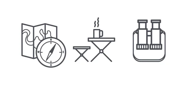 Iconos de camping y actividades al aire libre, símbolos del contorno de recreación y senderismo, vector de pictogramas lineales Ilustración — Vector de stock