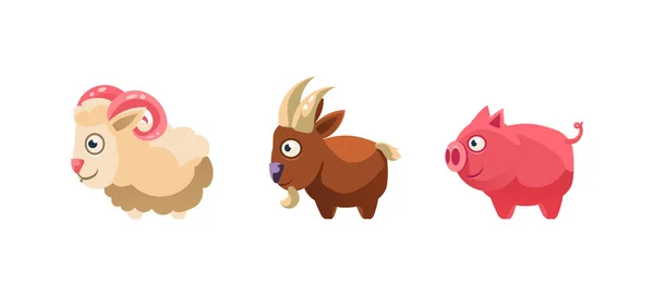 Ovejas, cabras y cerdos, animales de granja de dibujos animados divertidos, interfaz de usuario del juego, elemento para el vector de juegos móviles o de ordenador Ilustración — Vector de stock