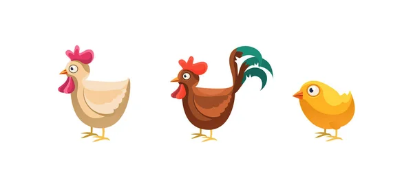 Rooster, hen and chicken, funny cartoon farm animals, game user interface, element for mobile or computer games vector Illustration — Stock Vector