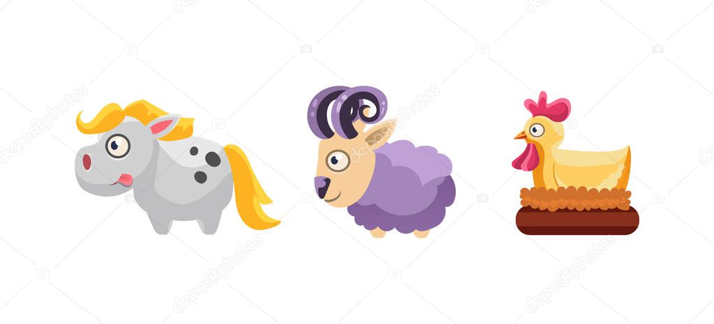 Horse, sheep and hen, funny cartoon farm animals, game user interface, element for mobile or computer games vector Illustration, web design