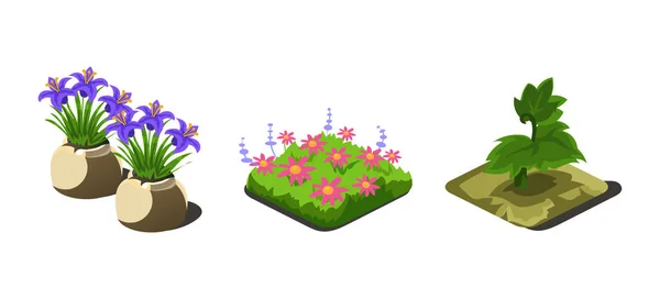 Trädgårdsväxter och blommor, spelet karaktär element i användargränssnittet för video datorspel vektor Illustration — Stock vektor