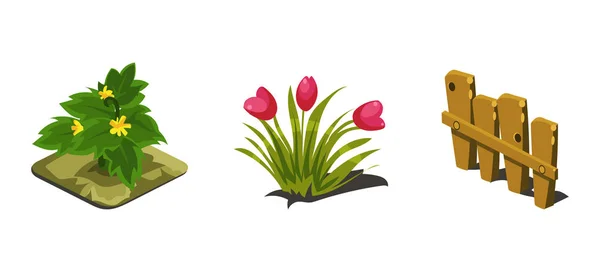 Zahradní květiny a plot, prvky přírody hry uživatelského rozhraní pro video počítačové hry vektorové ilustrace — Stockový vektor