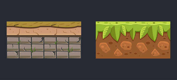 Подземная поверхность, текстура земли и почвы, элемент пользовательского интерфейса для видеокомпьютерных игр.
