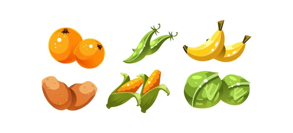 Ώριμα γυαλιστερό λαχανικά και φρούτα, πορτοκαλί, πράσινα μπιζέλια, μπανάνα, πατάτα, καλαμπόκι, λάχανο, στοιχείο περιβάλλοντος εργασίας χρήστη παιχνίδι για παιχνίδια βίντεο υπολογιστή διανυσματικά εικονογράφηση — Διανυσματικό Αρχείο