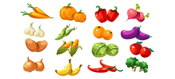 Moget glansigt coloful grönsaker och frukter, spelet användargränssnittet för video datorspel vektor Illustration — Stock vektor