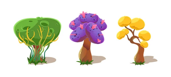 Árboles de fantasía, elementos del paisaje de la naturaleza para móviles o juegos de ordenador vector Ilustración — Vector de stock