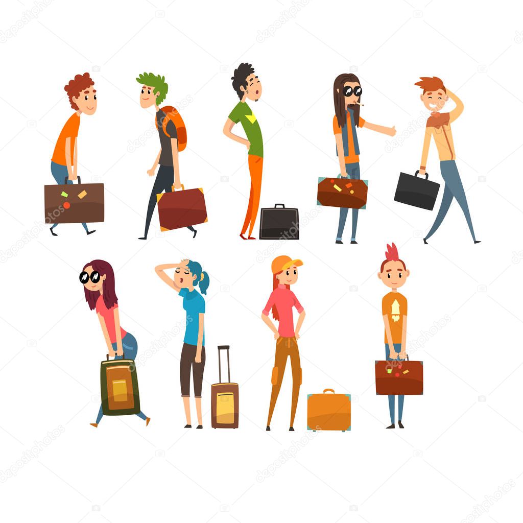 People carrying heavy suitcases set, young man and woman traveling on vacation cartoon vector Illustration on a white background