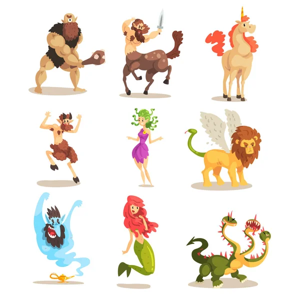 Oude mythische wezens ingesteld, Cyclops, Centaur, Unicorn, Satyr Faun, Medusa Gorgon, drie vierkoppige draak, Mermaid, gevleugelde leeuw vector illustraties op een witte achtergrond — Stockvector