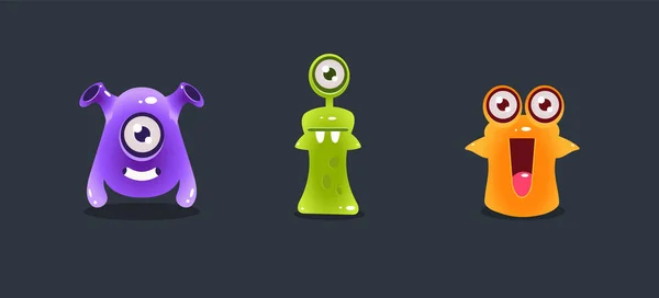 Monstruos coloridos lindos, extranjeros de dibujos animados divertidos, elemento de interfaz de usuario del juego para el vector de juegos de ordenador de vídeo Ilustración — Vector de stock